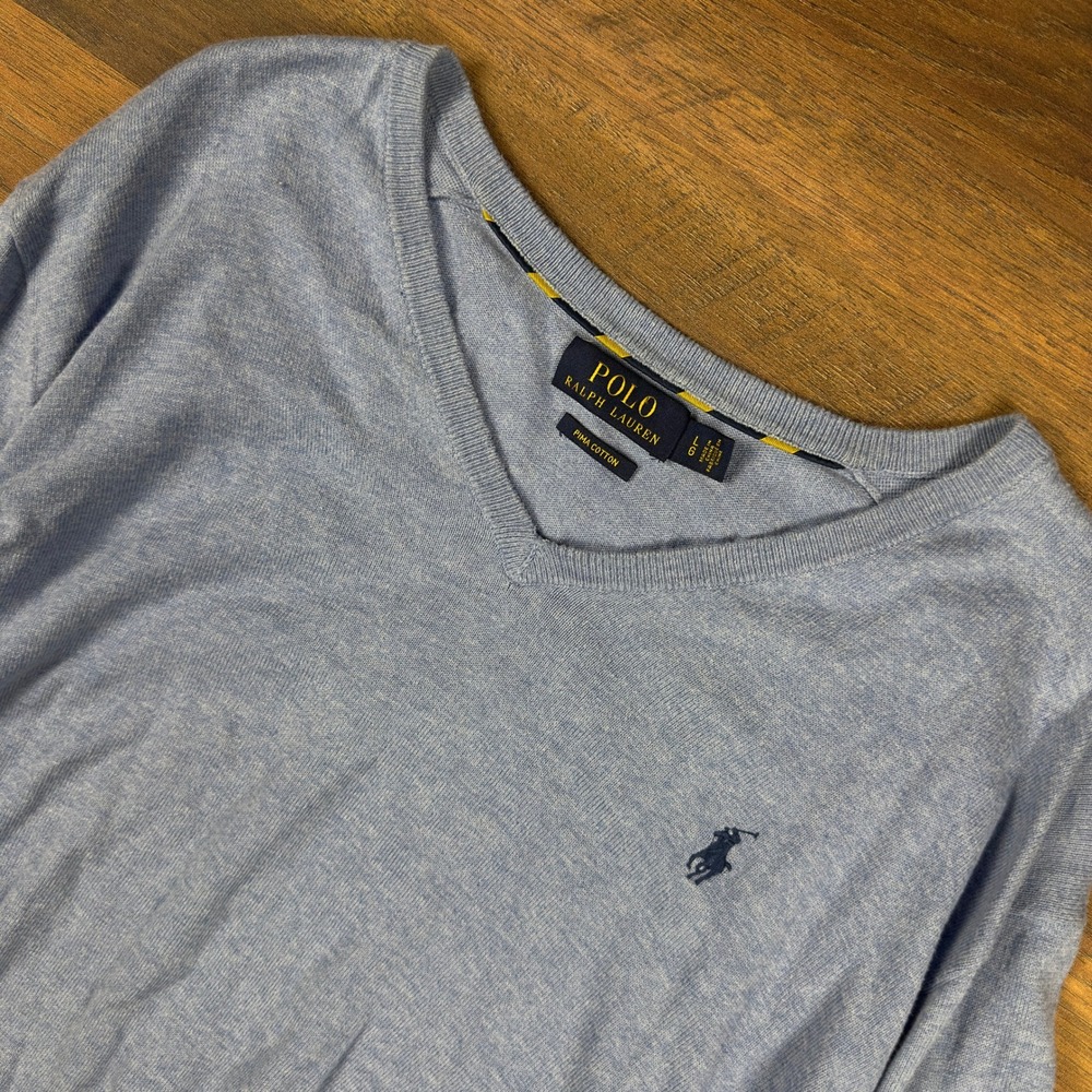 Polo Ralph Lauren Mens Large Light Blue Pima Cotton V-Neck Sweater Pony Logo